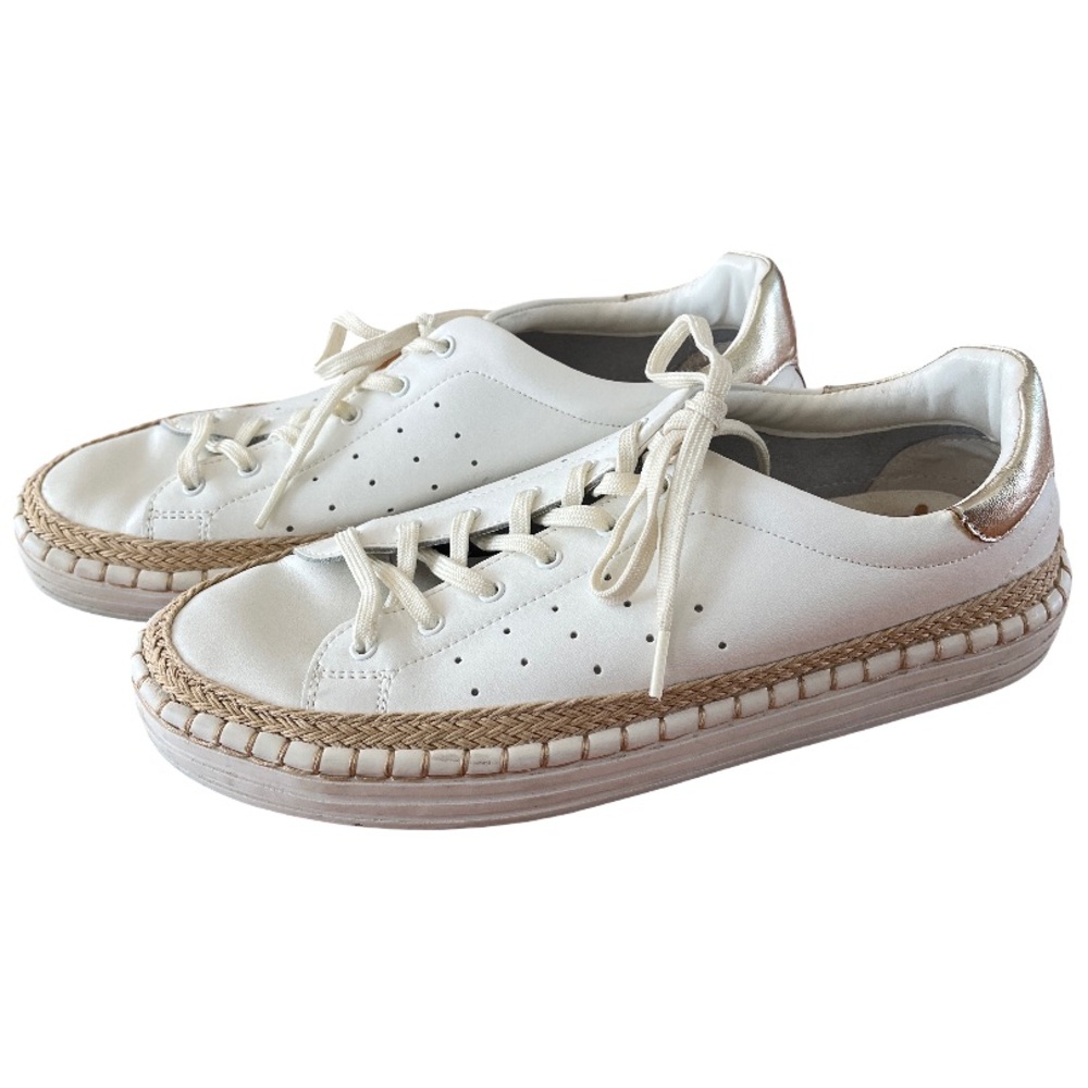 Sam Edelman Women’s 7.5 White Leather Lace Up Espadrille Sneakers Gold Heel